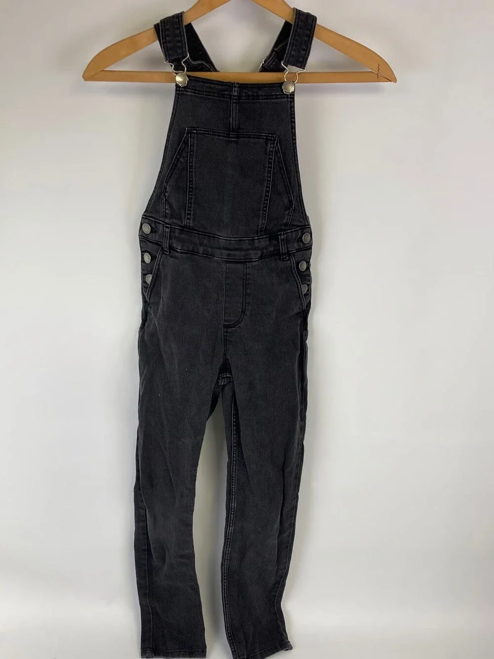 H&M Girls 10-11Y Black Gray Stretch Denim Jumper Overall Skinny Straight Pants